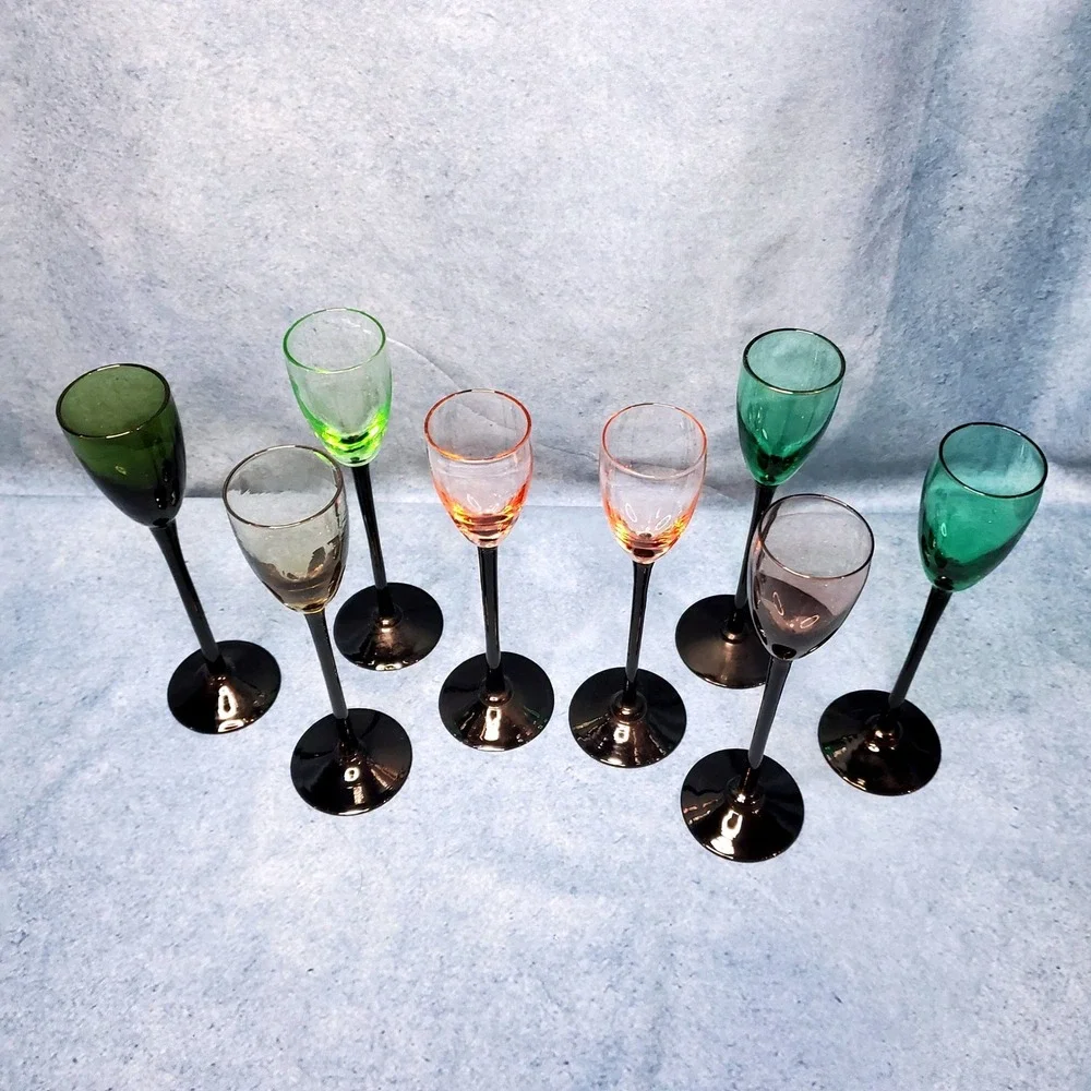 Vtg Set of 8 Multi Colored Cordial Glasses Black Long‎ Stem MCM 60s 70s Bar Cart